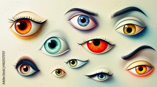 Fototapeta Set of Expressive Stylized Human Eyes in Vibrant Colors and Shapes.