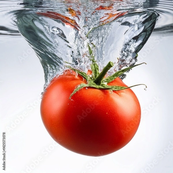 Fototapeta Realistic photograph of a complete fresh tomato falling into water, close up shot in high definition isolated on white background.