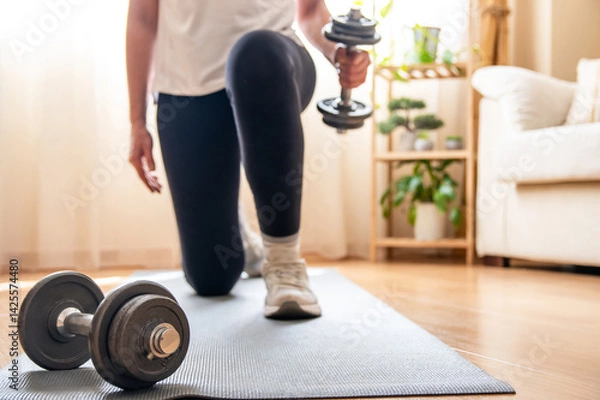Fototapeta Mature woman exercising with dumbbells at home, kneeling on a yoga mat in her living room, demonstrating a commitment to fitness and a healthy lifestyle