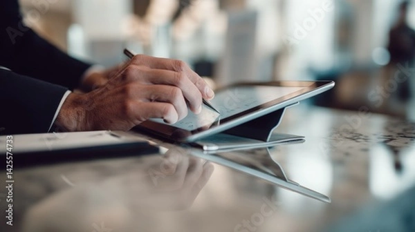 Obraz A man is writing on a tablet with a pen