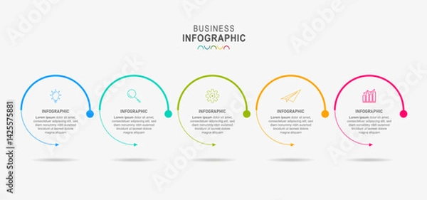 Fototapeta Line step infographic. 5 options workflow diagram, circle timeline number infograph, process steps chart. Linear vector infographics. Process order infographic