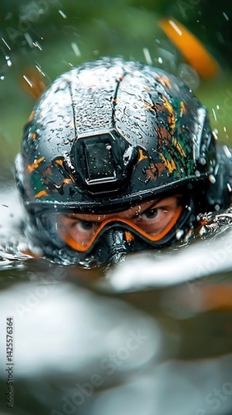 Fototapeta Close-Up of Paintball Player Submerged in Water Wearing Camouflage Helmet
