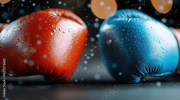 Fototapeta Close-Up of Red and Blue Boxing Gloves on Dark Background