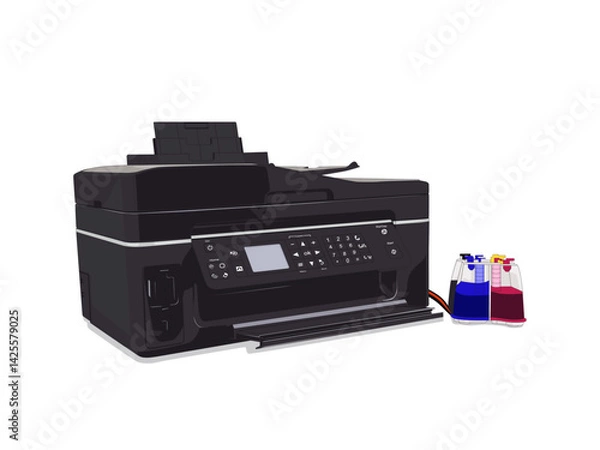 Obraz Photo inkjet printer. Color printer prints photo on white isolated background with four refillable cartridges. Vector illustration design