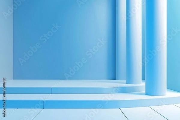 Fototapeta Blue Minimalist Platform with Cylindrical Columns