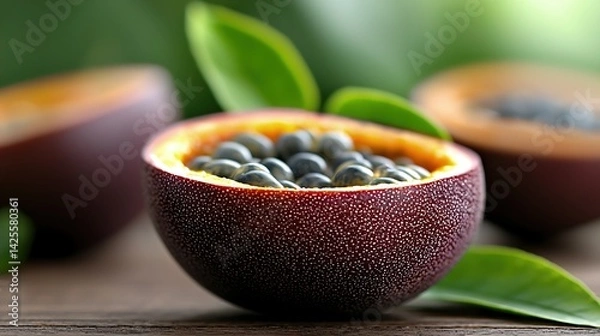 Fototapeta Closeup of a Ripe Passion Fruit with Seeds on Wooden Surface