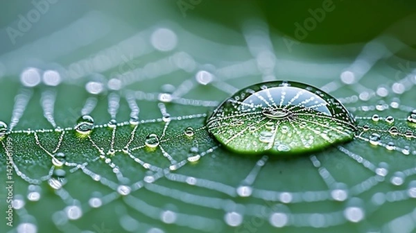 Fototapeta Closeup of Dewdrop on Spiderweb on Green Leaf