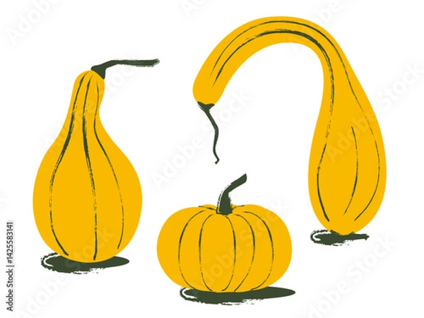 Fototapeta Minimalist vector illustration of three decorative pumpkins in yellow and green. Perfect for fall decor, Thanksgiving designs, seasonal prints, and rustic invitations