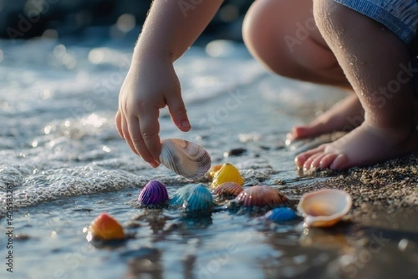 Fototapeta A beach with shallow waves and colorful sand toys. A toddler hands a shell to a crouching parent. The mood is gentle and peaceful