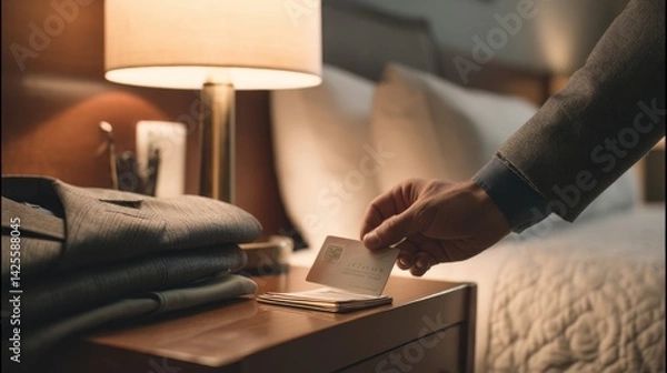 Obraz A man is getting ready to leave his hotel room