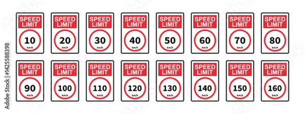 Fototapeta Maximum Speed Limit Sign Set – Red and White Road Safety Signs Displaying Speed in Kilometers per Hour from 10 to 160 km/h, Traffic Control Symbol Collection for Highways and Streets