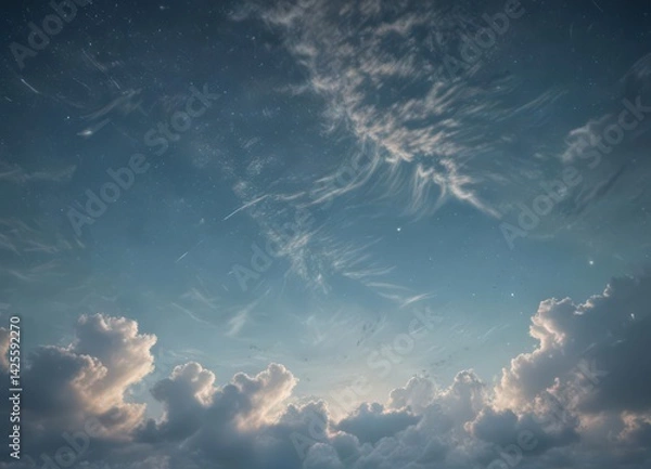 Obraz Faded blue sky, wispy clouds, stars on distressed paper texture , night, backdrop