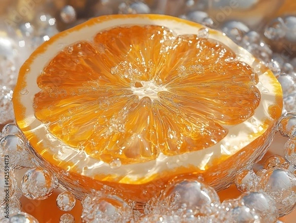 Obraz A close-up of a vibrant orange slice in sparkling soda, with bubbles and bright citrus colors, macro photography style, high detail