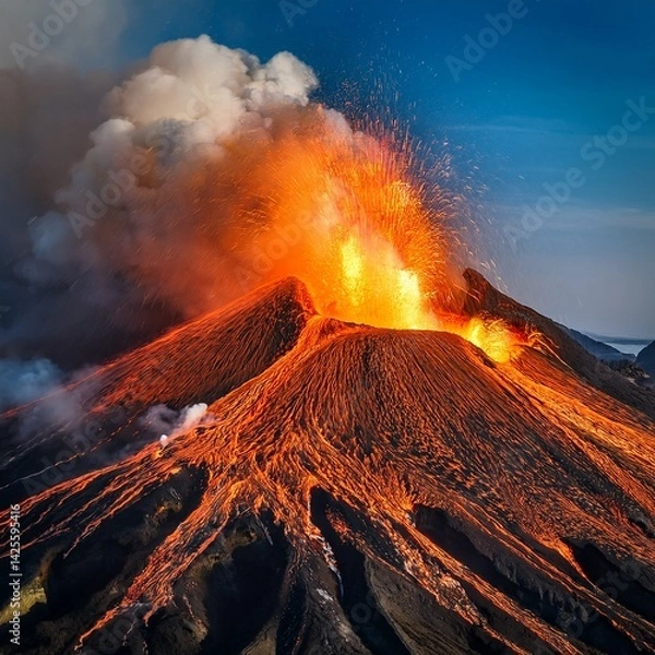 Fototapeta Realistic photograph complete of an erupting volcano, taken from a high angle with high definition.