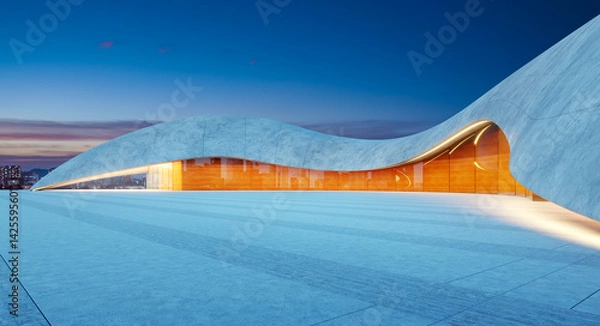 Fototapeta 3D rendering Empty concrete floor with modern futuristic building exterior at twilight