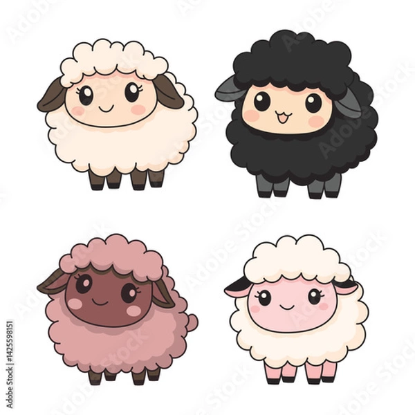 Fototapeta Set of Cute Sheep Lamb Farm Animal Mascot Cartoon Character with Happy Expression