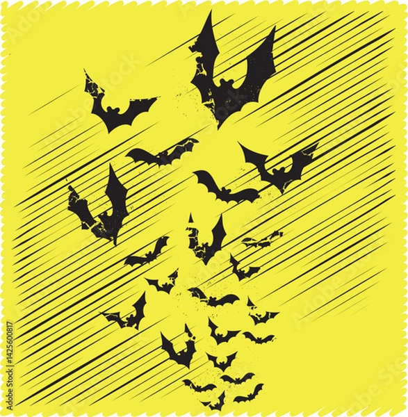 Fototapeta Grunge vector illustration of black bats flying across a yellow background with dynamic lines. Ideal for Halloween posters, spooky invitations, and gothic-themed designs.