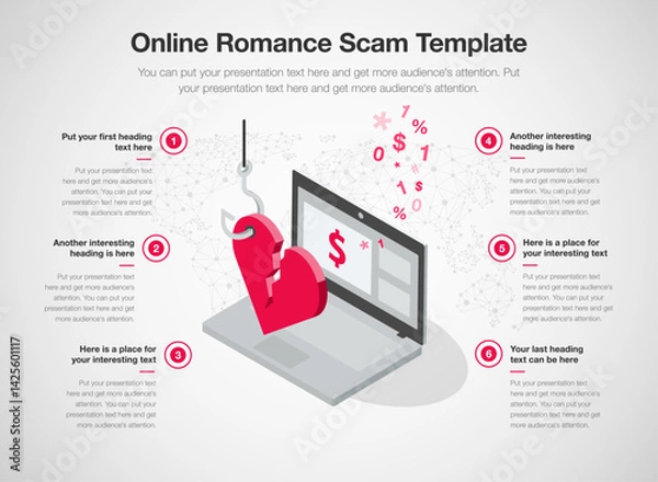 Fototapeta Simple infographic template for online romance scam. 6 stages template with a laptop computer and a deceived broken heart.