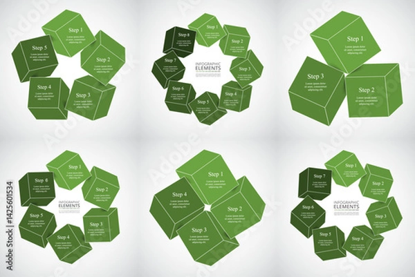 Fototapeta Set of creative green infographic templates with 3, 4, 5, 6, 7 and 8 options, parts or processes.