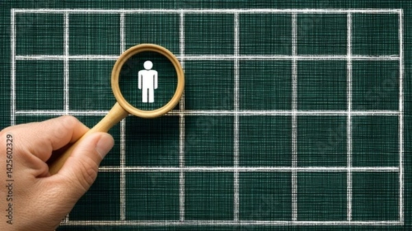 Fototapeta Person in a Magnifying Glass Highlighted on a Grid Background, Symbolizing Focus, Research, Attention, and Detail in Graphic Design and Business Concepts