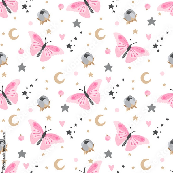 Fototapeta Seamless pattern with pink butterflies, flowers and romantic elements. Print on textiles and wrapping paper.