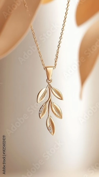 Fototapeta Gold pendant designed as a delicate branch with diamond accents on a light background