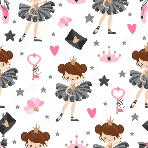 Fototapeta Seamless pattern with ballerina girls and romantic elements. Printing on textiles and wrapping paper.