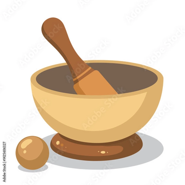 Fototapeta Tibetan Singing Bowl with Mallet Illustration in Soft Gold and Warm Gray for Wellness Blogs, Sound Therapy Websites, Meditation Content, and Spiritual Awareness