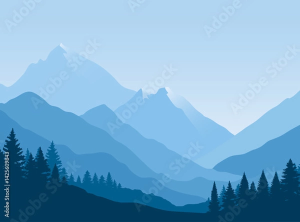 Obraz Silhouetted mountain landscape, fog  a mountain range with forest