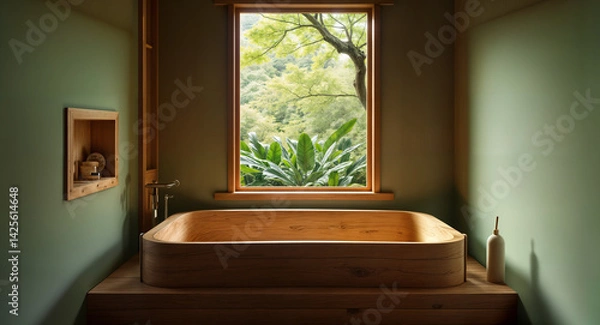 Fototapeta Tranquil Wooden Soaking Tub with Lush Forest View in Minimalist Bathroom