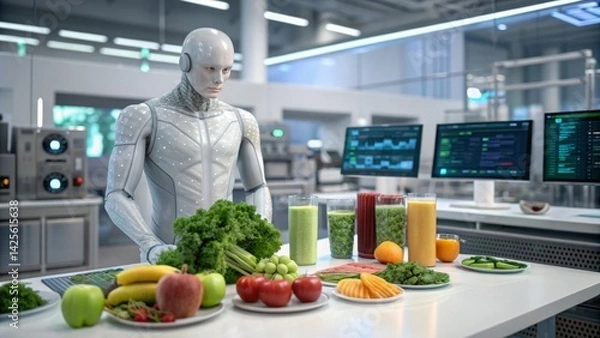 Obraz Health, nutrition and monitoring concept. A robot preparing healthy food in a modern kitchen environment.
