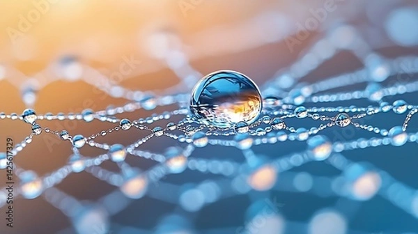 Fototapeta Water Droplet on Spiderweb with Blue and Orange Hues