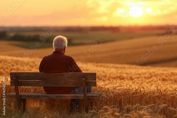 Fototapeta Elderly man sits on a bench, contemplating a golden wheat field at sunset.