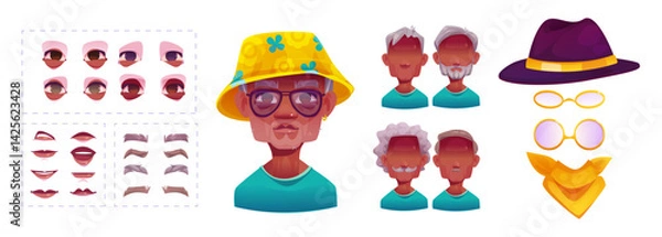Fototapeta Grandfather face constructor kit. Cartoon elderly man character creation set with facial features - eyes and lips, hair and accessories. Elements to build custom grandpa avatar with different emotion.