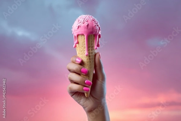 Obraz Holding a melting ice cream cone against a vibrant neon sky at sunset