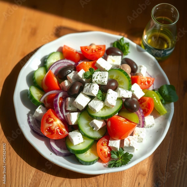 Fototapeta Authentic Greek Salad with Feta Cheese, Tomatoes, Cucumbers, and Olives