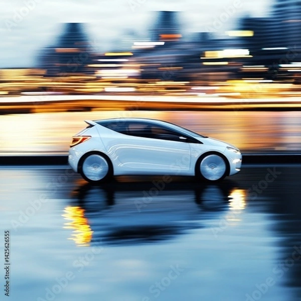 Fototapeta Modern vehicle in motion, city lights blurred background
