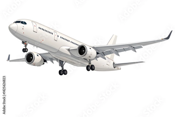 Fototapeta Realistic high-detailed white jet airliner taking off, isolated on a transparent background. Perfect for travel, aviation, airline services, global transportation, or business flight-themed visuals.