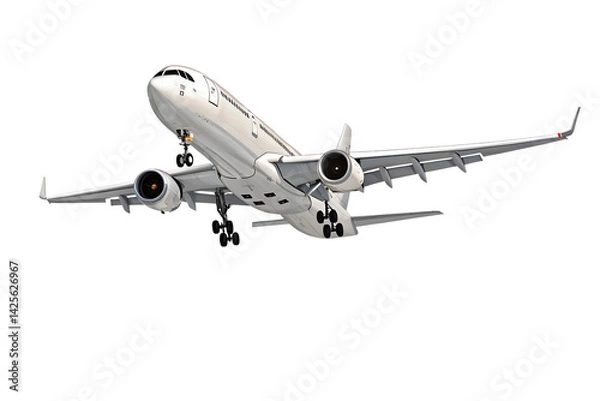 Fototapeta Realistic high-detailed white jet airliner taking off, isolated on a transparent background. Perfect for travel, aviation, airline services, global transportation, or business flight-themed visuals.