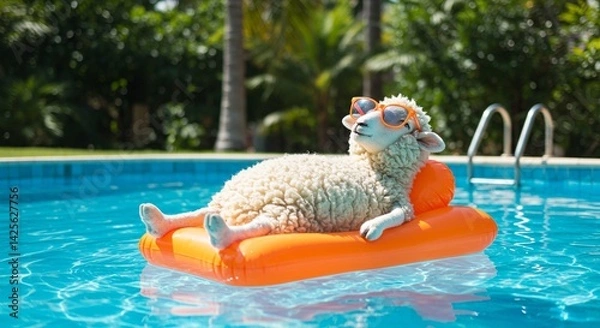 Fototapeta A sheep is relaxing on a float in a swimming pool, wearing sunglasses, and enjoying the sun