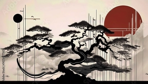 Fototapeta Monochromatic Japandi Style Abstract Art A Minimalistic Symphony in Black White, Embracing Serenity and Balance Amidst Striking Textures and Geometric Forms, Perfect for Modern Interior Design