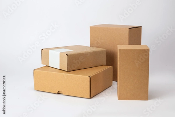 Obraz Paper container and brown cardboard boxes in various sizes isolated on white background