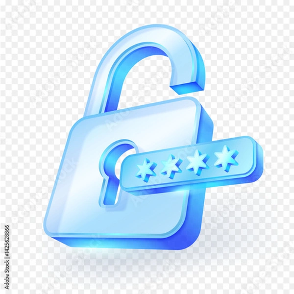 Fototapeta 3D vector illustration of an open and closed glass padlock with a password field. Symbol of access, data protection, and cybersecurity. Transparent background for UI, UX or digital security design.