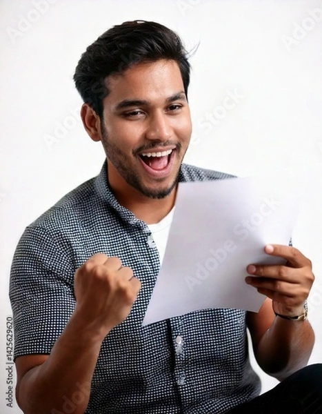Fototapeta Asian man around 25 years old, expressing great joy and excitement as he looks at a piece of paper