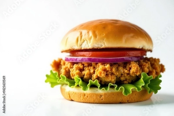 Obraz Crispy chicken sandwich, layered, on white backdrop , menu, crispy, food photography