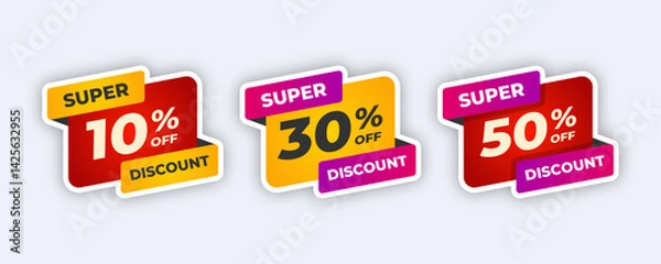 Obraz Three discount stickers with 10 30 and 50 percent off.
