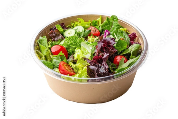 Fototapeta Fresh healthy salad served in a round cardboard container isolated on clean white background for design use