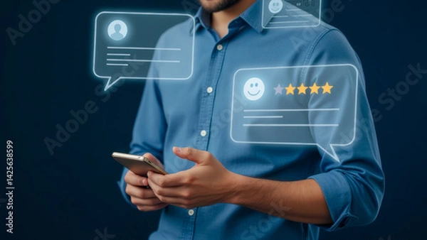 Fototapeta Young Man Engaging with Smartphone Surrounded by Digital Feedback Icons and Chat Bubbles Illustrating Modern Communication Trends