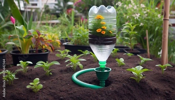 Fototapeta Simple drip irrigation system using plastic bottles in greenhouse