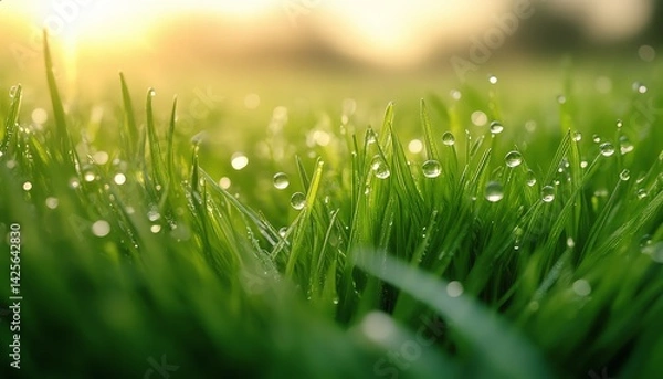 Obraz Macro shot of a lush green lawn with intricate grass blade details and sparkling dew drops in warm sunlight. Perfect for nature themes, eco-friendly projects, and gardening visuals